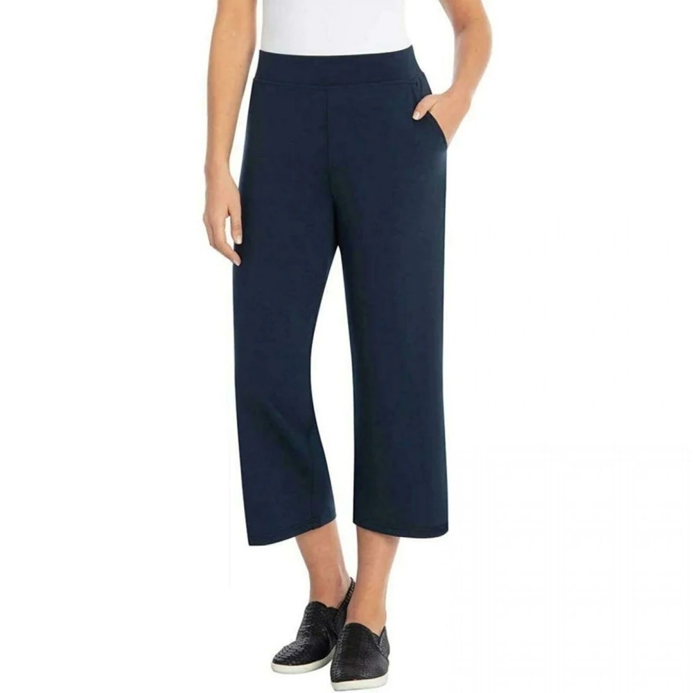 Sentimental Women's Wide Waistband Cropped Soft Knit Pants - Size Large - Navy.